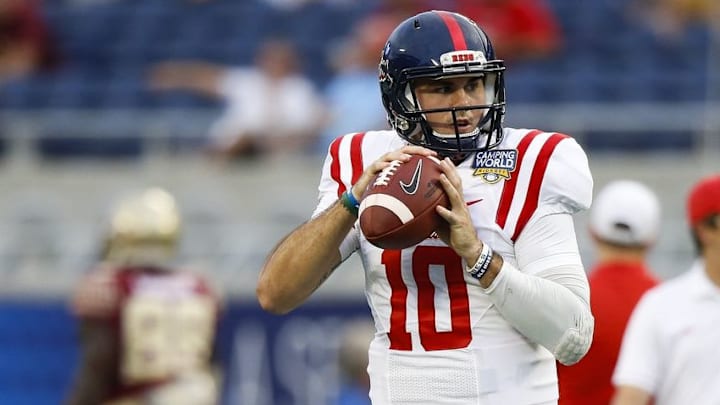Sep 5, 2016; Orlando, FL, USA; Mississippi Rebels quarterback Chad Kelly (10) warms up prior to a game against the Florida State Seminoles at Camping World Stadium. Mandatory Credit: Logan Bowles-USA TODAY Sports