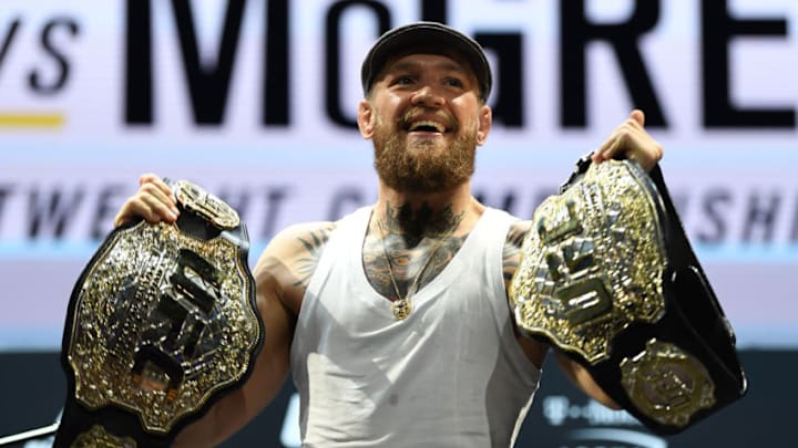 LAS VEGAS, NEVADA - OCTOBER 04: Conor McGregor poses for photos during the UFC 229 Press Conference inside The Park Theater at Park MGM on October 4, 2018 in Las Vegas, Nevada. (Photo by Jeff Bottari/Zuffa LLC/Zuffa LLC via Getty Images)