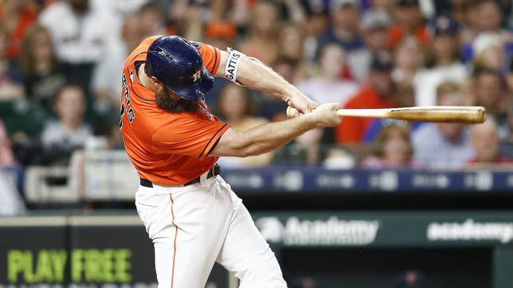 HOUSTON, TX – JUNE 01: Evan Gattis #11 of the Houston Astros hits a home run in the eighth inning against the Boston Red Sox at Minute Maid Park on June 1, 2018, in Houston, Texas. (Photo by Bob Levey/Getty Images)