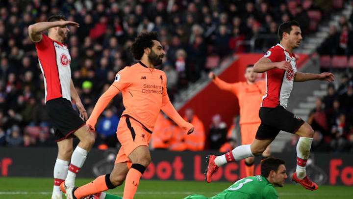 SOUTHAMPTON, ENGLAND – FEBRUARY 11: Mohamed Salah of Liverpool scores his sides second goal during the Premier League match between Southampton and Liverpool at St Mary’s Stadium on February 11, 2018 in Southampton, England. (Photo by Michael Regan/Getty Images)