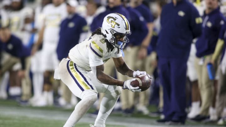Nov 12, 2022; Atlanta, Georgia, USA; Georgia Tech Yellow Jackets wide receiver Nate McCollum (8) catches a pass against the Miami Hurricanes in the second half at Bobby Dodd Stadium. Mandatory Credit: Brett Davis-USA TODAY Sports