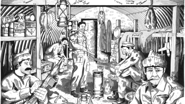 A sketch depicting what bunker life for the Auxiliary Unit might've looked like.