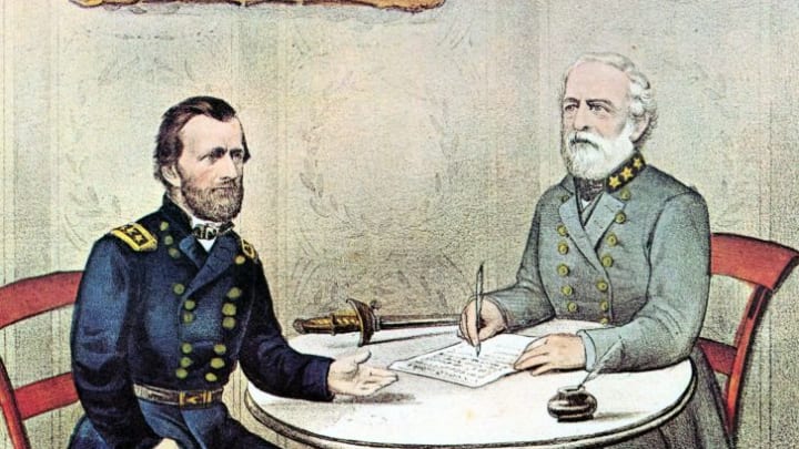 An illustration of Robert E. Lee surrendering to Ulysses S. Grant at the end of the Civil War.