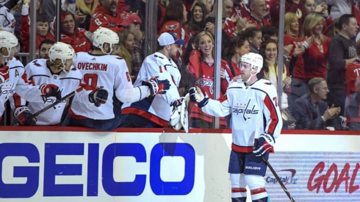 WASHINGTON, DC - MARCH 24: Washington Capitals center Travis Boyd (72) is congratulated by the bench after his second period goal agains the Philadelphia Flyers on March 24, 2019, at the Capital One Arena in Washington, D.C. (Photo by Mark Goldman/Icon Sportswire via Getty Images)