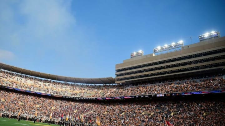 Oct 9, 2021; Knoxville, TN, USA; A military flyover passes over Neyland Stadium before an NCAA college football game between the Tennessee Volunteers and the South Carolina Gamecocks in Knoxville, Tenn. on Saturday, Oct. 9, 2021. Mandatory Credit: Calvin Mattheis-USA TODAY Sports