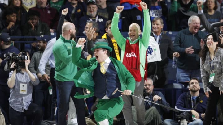 SOUTH BEND, IN - JANUARY 28: The Notre Dame Fighting Irish leprechaun mascot reacts after rolling in a 90-foot putt during a timeout promotion for the 2019 U.S. Senior Open in the first half of the game against the Duke Blue Devils at Purcell Pavilion on January 28, 2019 in South Bend, Indiana. (Photo by Joe Robbins/Getty Images)
