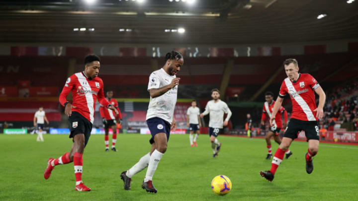 SOUTHAMPTON, ENGLAND – DECEMBER 19: Kyle Walker-Peters and James Ward-Prowse of Southampton, Raheem Sterling of Manchester City (Photo by Naomi Baker/Getty Images)