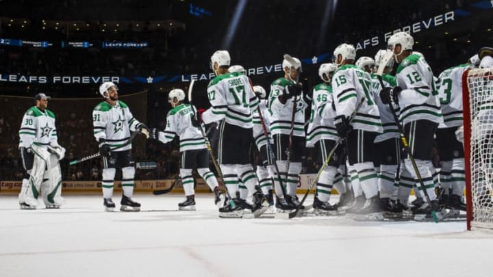 TORONTO, ON - NOVEMBER 1: Dallas Stars celebrate their win over the Toronto Maple Leafs at the Scotiabank Arena on November 1, 2018 in Toronto, Ontario, Canada. (Photo by Mark Blinch/NHLI via Getty Images)
