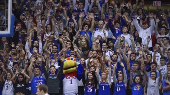 LAWRENCE, KANSAS - NOVEMBER 19: The Kansas Jayhawks mascot and fans cheer on the Kansas Jayhawks against East Tennessee State Buccaneers at Allen Fieldhouse on November 19, 2019 in Lawrence, Kansas. (Photo by Ed Zurga/Getty Images)