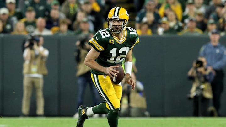 GREEN BAY, WISCONSIN – SEPTEMBER 26: Aaron Rodgers #12 of the Green Bay Packers drops back to pass in the second quarter against the Philadelphia Eagles at Lambeau Field on September 26, 2019 in Green Bay, Wisconsin. (Photo by Dylan Buell/Getty Images)