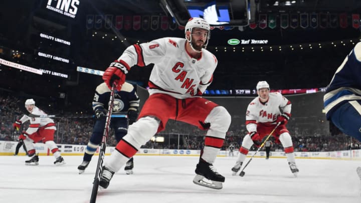 COLUMBUS, OH - OCTOBER 24: Joel Edmudson #6 of the Carolina Hurricanes skates against the Columbus Blue Jackets on October 24, 2019 at Nationwide Arena in Columbus, Ohio. (Photo by Jamie Sabau/NHLI via Getty Images)