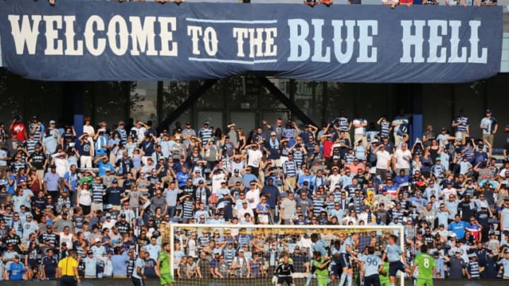 27 September 2015: Sporting KC fans in the Blue Hell section cheer in a match between Sporting KC and Seattle Sounders Sporting Park in Kansas City. (Photo by Scott Winters/Icon Sportswire) (Photo by Scott Winters/Icon Sportswire/Corbis via Getty Images)