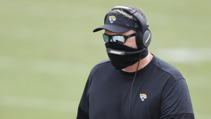 Sep 13, 2020; Jacksonville, Florida, USA; Jacksonville Jaguars head coach Doug Marrone walks the field during the second half against the Indianapolis Colts at TIAA Bank Field. Mandatory Credit: Reinhold Matay-USA TODAY Sports