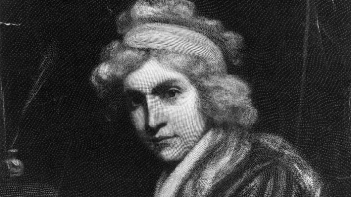 Mary Wollstonecraft in 1797, apparently demonstrating that a book with blank pages is worth even less than a novel.