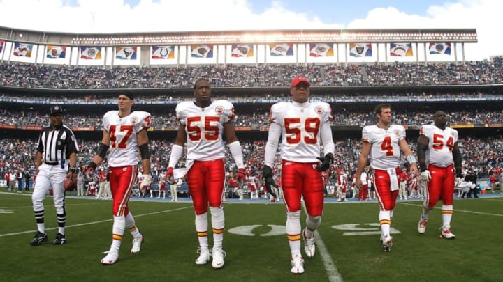 SAN DIEGO, CA - NOVEMBER 9: The team captains of the Kansas CIty Chiefs take the field for the coin toss before a game against the San Diego Chargers at Qualcomm Stadium on November 9, 2008 in San Diego, CA. The Chargers defeated the Chiefs 20-19. (Photo by Tim Umphrey/Getty Images)
