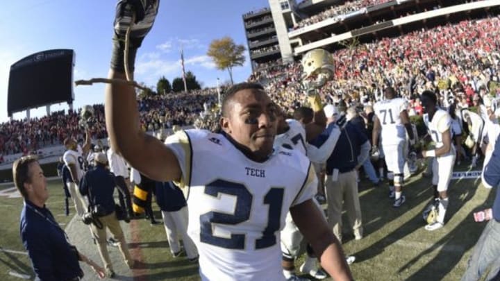 Nov 29, 2014; Athens, GA, USA; Georgia Tech Yellow Jackets running back Charles Perkins (21) reacts after defeating the Georgia Bulldogs in overtime at Sanford Stadium. Georgia Tech defeated Georgia 30-24. Mandatory Credit: Dale Zanine-USA TODAY Sports