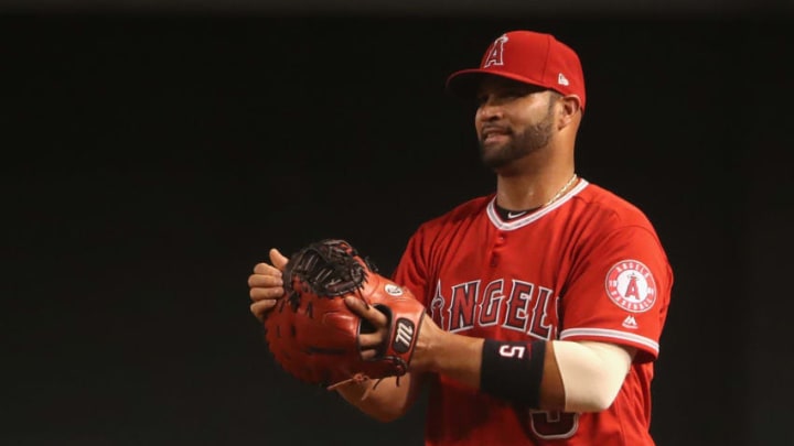 PHOENIX, AZ - AUGUST 21: Infielder Albert Pujols #5 of the Los Angeles Angels in action during the MLB game against the Arizona Diamondbacks at Chase Field on August 21, 2018 in Phoenix, Arizona. (Photo by Christian Petersen/Getty Images)