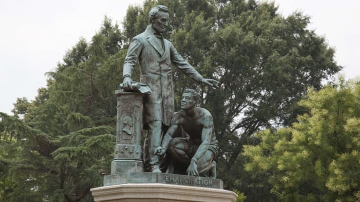 "What I want to see before I die is a monument representing the negro, not couchant on his knees like a four-footed animal, but erect on his feet like a man," Frederick Douglass wrote in response to this memorial in 1876.