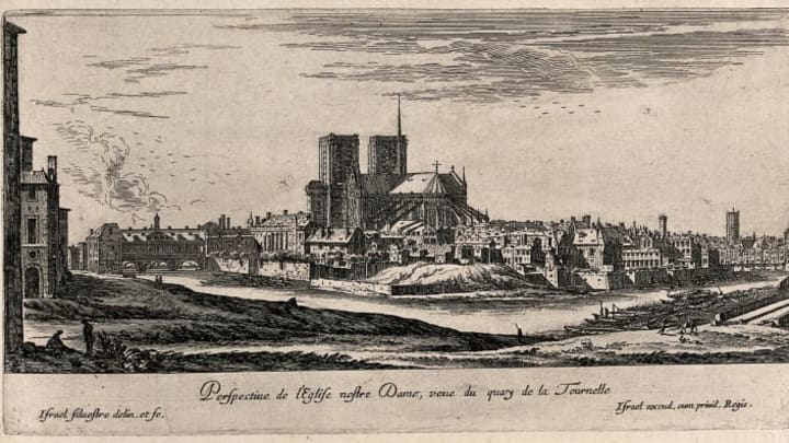 A 17th-century etching of Notre-Dame with its original spire.