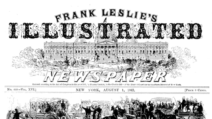 An illustration of looters throwing trousers and other garments out of the Brooks Brothers store during New York City's draft riots appeared on the front page of Frank Leslie's Illustrated Newspaper on August 1, 1863.