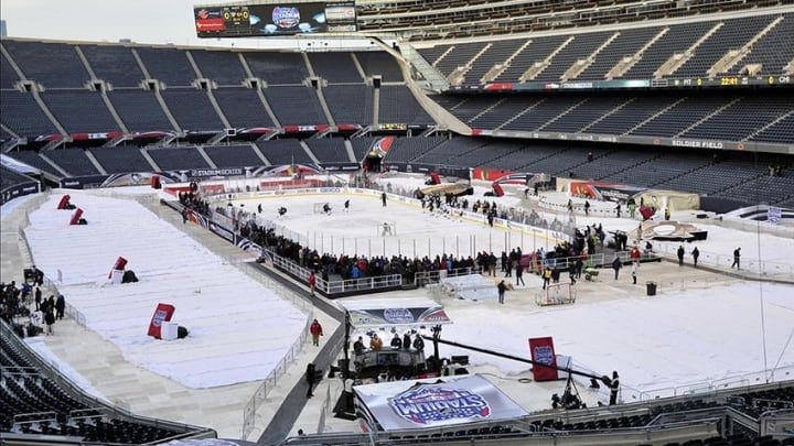 Feb 28, 2014; Chicago, IL, USA; A general view of Soldier Field during the Pittsburgh Penguins practice the day before a Stadium Series hockey game against the Chicago Blackhawks. Mandatory Credit: Rob Grabowski-USA TODAY Sports