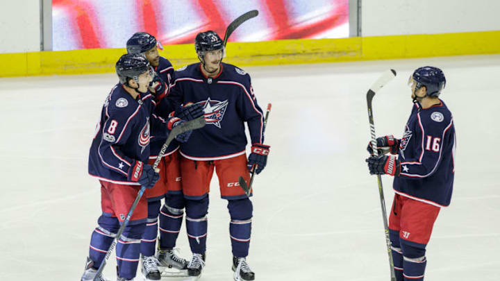 COLUMBUS, OH - SEPTEMBER 24: Columbus Blue Jackets defenseman Zach Werenski (8) celebrates with team mates after scoring a goal in the third period of a Preseason game between the Columbus Blue Jackets and the Nashville Predators on September 24, 2017, at Nationwide Arena in Columbus, OH. Predators defeated the Blue Jackets 5-3. (Photo by Adam Lacy/Icon Sportswire via Getty Images)
