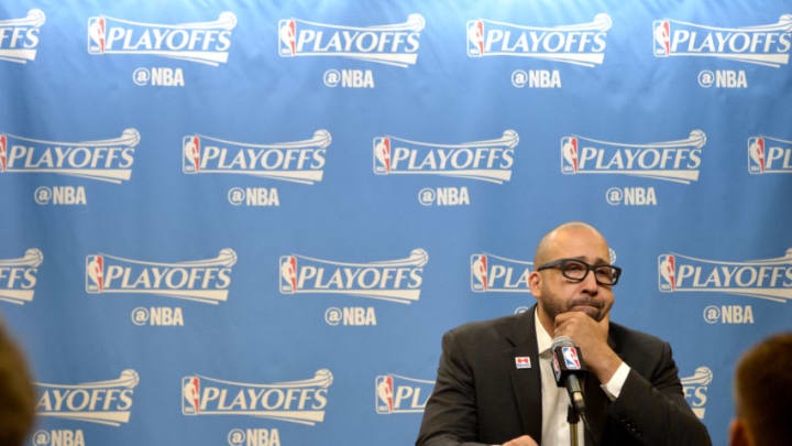 SAN ANTONIO, TX - APRIL 15: David Fizdale of the Memphis Grizzlies talks to the media after the game against the San Antonio Spurs in Game One of Round One during the 2017 NBA Playoffs on April 15, 2017 at the AT