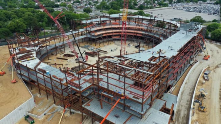ELMONT, NEW YORK - JUNE 02: In an aerial view from a drone, construction continues on the New York Islanders new arena situated next to Belmont Racetrack on June 2, 2020 in Elmont, New York. (Photo by Bruce Bennett/Getty Images)