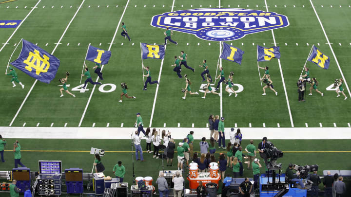 ARLINGTON, TEXAS – DECEMBER 29: The Notre Dame Fighting Irish cheerleaders take the field before the game against the Clemson Tigers during the College Football Playoff Semifinal Goodyear Cotton Bowl Classic at AT&T Stadium on December 29, 2018 in Arlington, Texas. (Photo by Tim Warner/Getty Images)