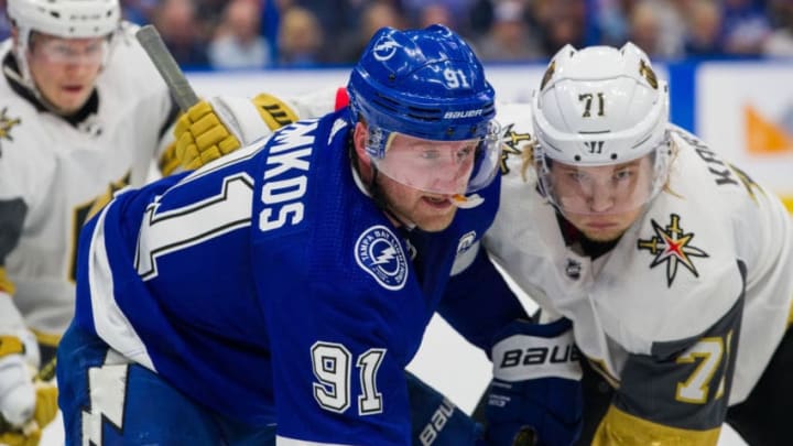 TAMPA, FL - FEBRUARY 5: Steven Stamkos #91 of the Tampa Bay Lightning skates against the Vegas Golden Knights during the second period at Amalie Arena on February 5, 2019 in Tampa, Florida. (Photo by Scott Audette/NHLI via Getty Images)"n
