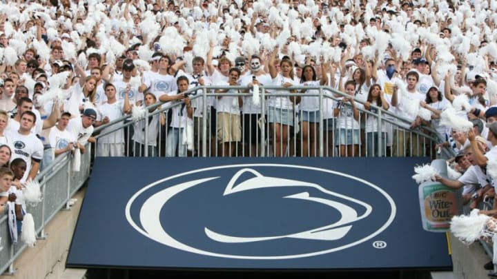 STATE COLLEGE, PA - SEPTEMBER 8: Fans in the student section of the Penn State Nittany Lions cheer against the University of Notre Dame Fighting Irish at Beaver Stadium on September 8, 2007 in State College, Pennsylvania. Penn State won 31-10. (Photo by Ned Dishman/Getty Images)