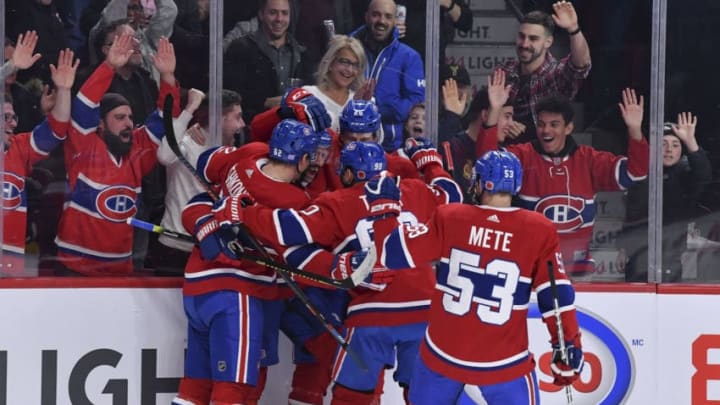 MONTREAL, QC - NOVEMBER 9: Nate Thompson #44 of the Montreal Canadiens celebrates with teammates after scoring a goal against the Los Angeles Kings in the NHL game at the Bell Centre on November 9, 2019 in Montreal, Quebec, Canada. (Photo by Francois Lacasse/NHLI via Getty Images)