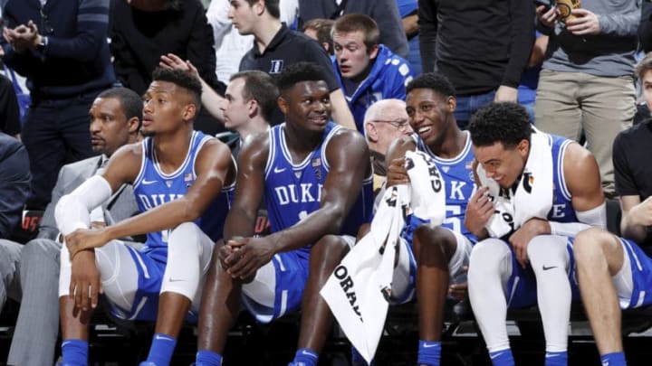 INDIANAPOLIS, IN - NOVEMBER 06: Zion Williamson #1 and RJ Barrett #5 of the Duke Blue Devils look on during the State Farm Champions Classic against the Kentucky Wildcats at Bankers Life Fieldhouse on November 6, 2018 in Indianapolis, Indiana. Duke defeated Kentucky 118-84. (Photo by Joe Robbins/Getty Images)
