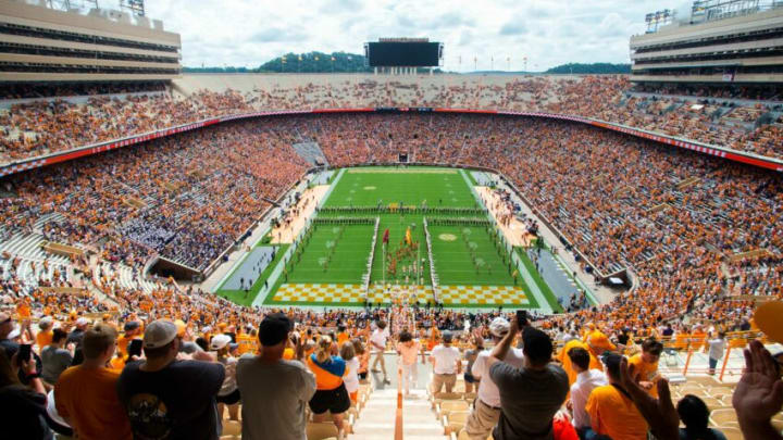 The Tennessee football team runs through the T during a NCAA football game against Tennessee Tech at Neyland Stadium in Knoxville, Tenn. on Saturday, Sept. 18, 2021.Kns Tennessee Tenn Tech Football