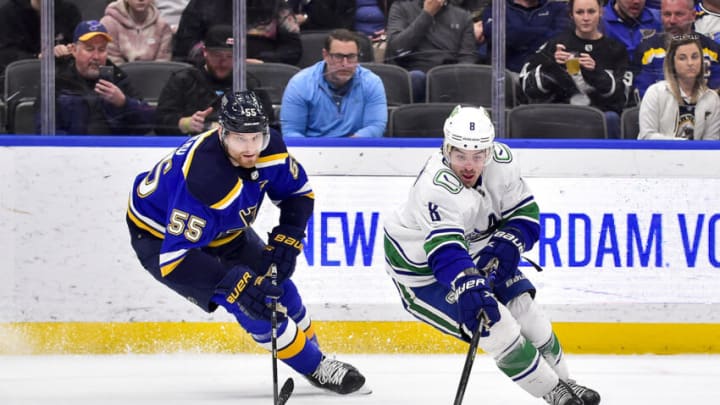 Mar 28, 2022; St. Louis, Missouri, USA; Vancouver Canucks right wing Conor Garland (8) controls the puck as St. Louis Blues defenseman Colton Parayko (55) defends during the first period at Enterprise Center. Mandatory Credit: Jeff Curry-USA TODAY Sports