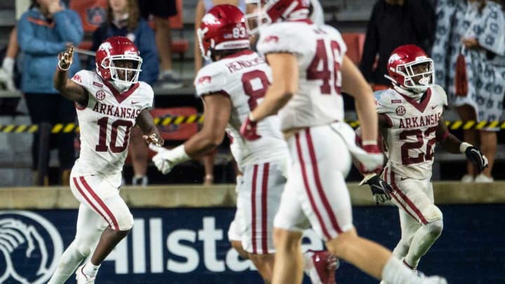 Arkansas wide receiver De’Vion Warren (10) celebrates after making a touchdown catch at Jordan Hare Stadium in Auburn, Ala., on Saturday, Oct. 10, 2020. Auburn defeated Arkansas 30-28.