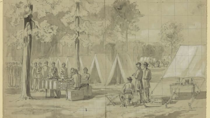 An 1864 illustration by William Waud of Union soldiers voting in Pennsylvania.