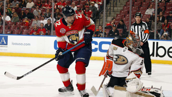 SUNRISE, FL - NOVEMBER 28: Goaltender John Gibson #36 of the Anaheim Ducks defends the net against Troy Brouwer #22 of the Florida Panthers at the BB&T Center on November 28, 2018 in Sunrise, Florida. (Photo by Eliot J. Schechter/NHLI via Getty Images)