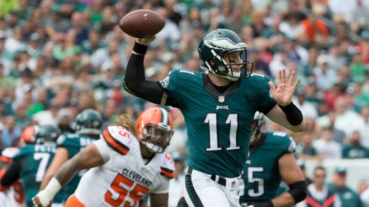 PHILADELPHIA, PA - SEPTEMBER 11: Carson Wentz #11 of the Philadelphia Eagles passes the ball against Danny Shelton #55 of the Cleveland Browns in the first quarter at Lincoln Financial Field on September 11, 2016 in Philadelphia, Pennsylvania. (Photo by Mitchell Leff/Getty Images)