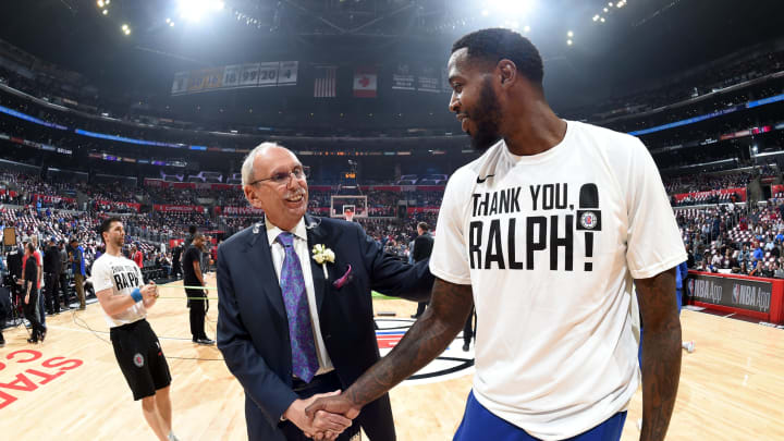 LOS ANGELES, CA – APRIL 10: Ralph Lawler speaks to JaMychal Green #4 of the LA Clippers before the game against the Utah Jazz on April 10, 2019, at STAPLES Center in Los Angeles, California. Copyright 2019 NBAE (Photo by Andrew D. Bernstein/NBAE via Getty Images)