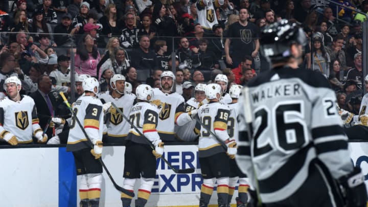 LOS ANGELES, CA - NOVEMBER 16: Vegas Golden Knights celebrate a goal during the second period against the Los Angeles Kings at STAPLES Center on November 16, 2019 in Los Angeles, California. (Photo by Juan Ocampo/NHLI via Getty Images)