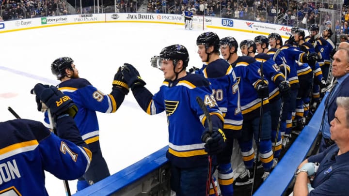 ST. LOUIS, MO - NOVEMBER 6: Ryan O'Reilly #90 of the St. Louis Blues is congratulated after scoring a goal against the Carolina Hurricanes at Enterprise Center on November 6, 2018 in St. Louis, Missouri. (Photo by Scott Rovak/NHLI via Getty Images)