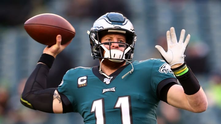 PHILADELPHIA, PENNSYLVANIA – JANUARY 05: Carson Wentz #11 of the Philadelphia Eagles warms up prior to their game against the Seattle Seattle in the NFC Wild Card Playoff at Lincoln Financial Field on January 05, 2020 in Philadelphia, Pennsylvania. (Photo by Mitchell Leff/Getty Images)