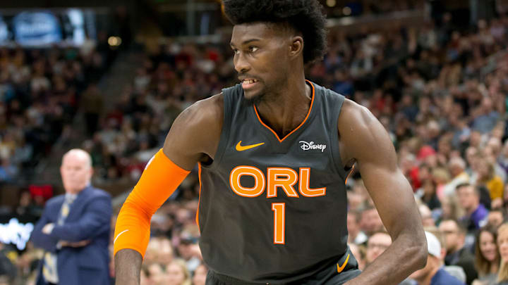 Dec 17, 2019; Salt Lake City, UT, USA; Orlando Magic forward Jonathan Isaac (1) dribbles the ball during the first half against the Utah Jazz at Vivint Smart Home Arena. Mandatory Credit: Russ Isabella-USA TODAY Sports