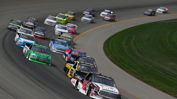 BROOKLYN, MI - AUGUST 11: Brett Moffitt, driver of the #16 Hino Toyota, leads a pack of trucks during the NASCAR Camping World Truck Series Corrigan Oil 200 at Michigan International Speedway on August 11, 2018 in Brooklyn, Michigan. (Photo by Sarah Crabill/Getty Images)