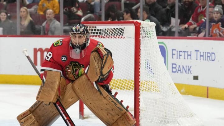 CHICAGO, ILLINOIS - MARCH 03: Marc-Andre Fleury #29 of the Chicago Blackhawks tends the net against the Edmonton Oilers during the first period at United Center on March 03, 2022 in Chicago, Illinois. (Photo by Patrick McDermott/Getty Images)