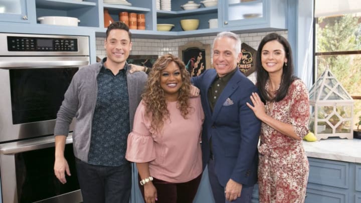 Co-Hosts Jeff Mauro (L), Sunny Anderson, Geoffrey Zakarian, and Katie Lee as seen on The Kitchen, Season 15.