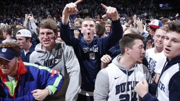 INDIANAPOLIS, IN - JANUARY 04: Butler Bulldogs fans celebrate as they storm the floor after the game against the Villanova Wildcats at Hinkle Fieldhouse on January 4, 2017 in Indianapolis, Indiana. Butler defeated the No. 1 ranked Wildcats 66-58. (Photo by Joe Robbins/Getty Images)