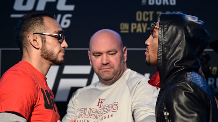 LAS VEGAS, NV - OCTOBER 04: (L-R) Tony Ferguson and Kevin Lee face off during the UFC 216 Ultimate Media Day on October 4, 2017 in Las Vegas, Nevada. (Photo by Brandon Magnus/Zuffa LLC/Zuffa LLC via Getty Images)