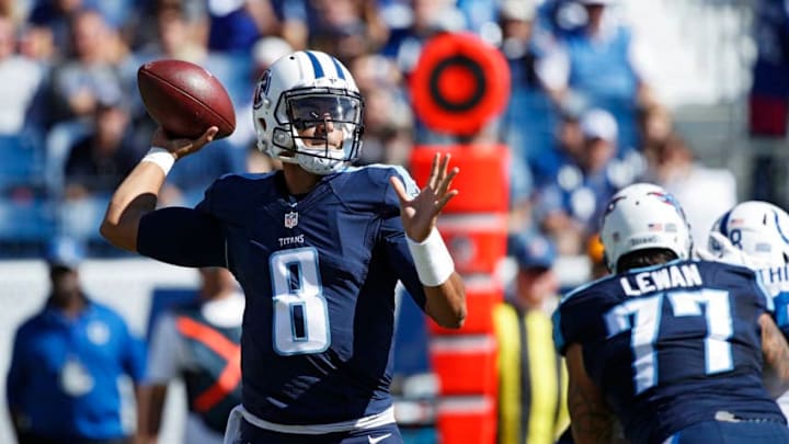 NASHVILLE, TN - OCTOBER 23: Marcus Mariota #8 of the Tennessee Titans passes against the Indianapolis Colts in the first quarter of the game at Nissan Stadium on October 23, 2016 in Nashville, Tennessee. (Photo by Joe Robbins/Getty Images)